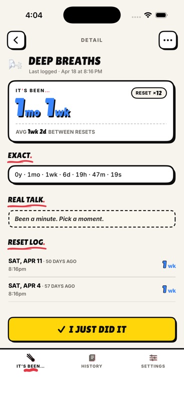 Detail screen — how long it's been, plus your reset history