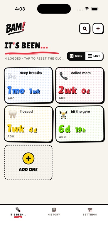 Home screen — your trackers as a grid of comic cards